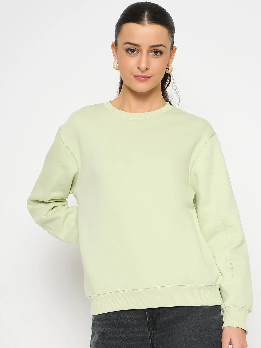 product checkered classicism Concert wear Madame Cotton Blend Solid Apple Green Sweatshirt
