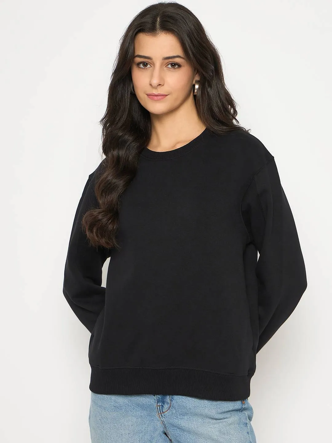 Fashion Hoodie Madame Cotton Blend Solid Black Sweatshirt