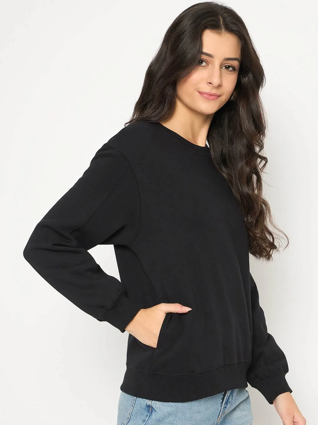 Madame Cotton Blend Solid Black Sweatshirt Stylish