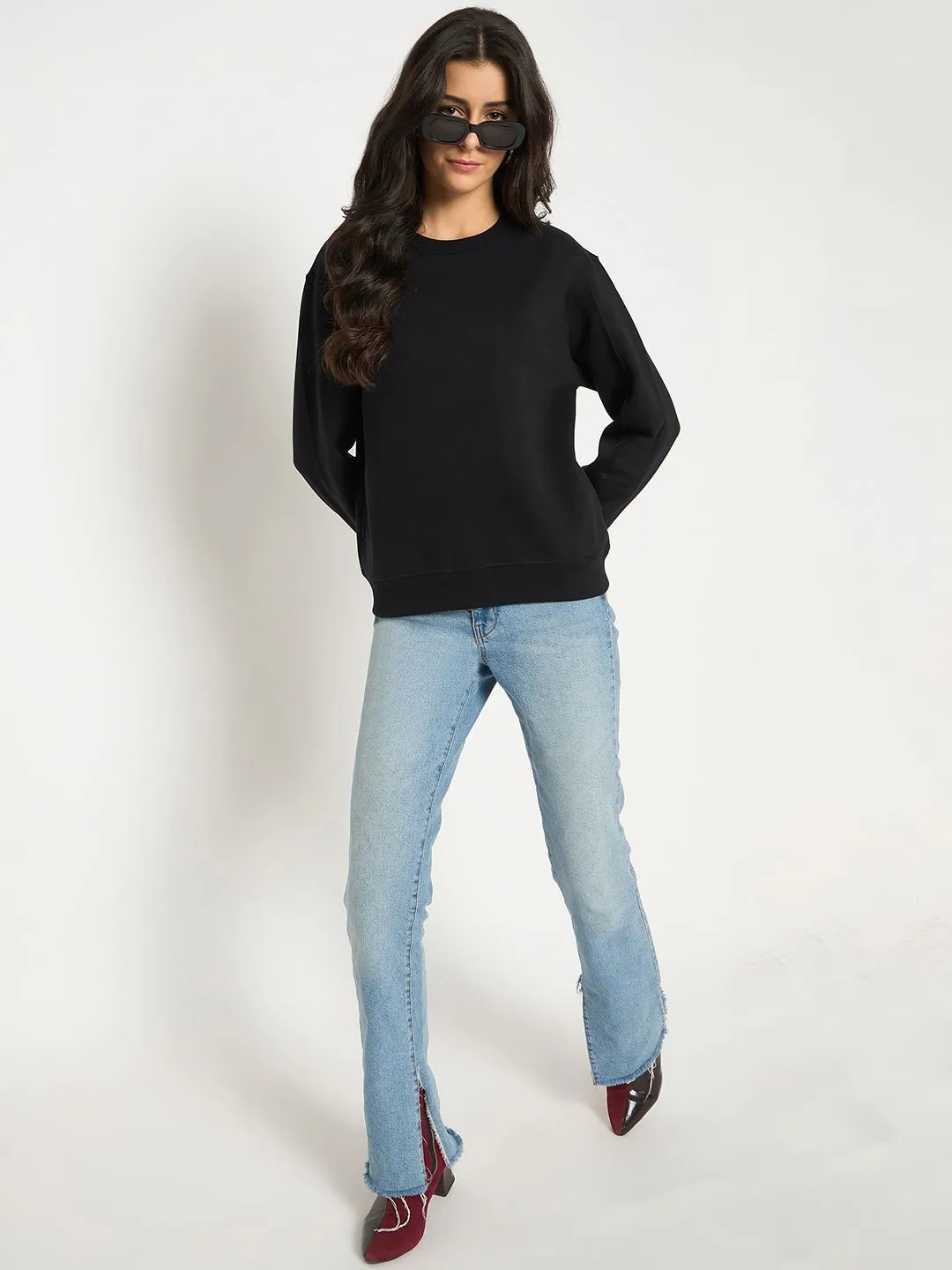 Madame Cotton Blend Solid Black Sweatshirt Cuffed Sleeves good for holidays