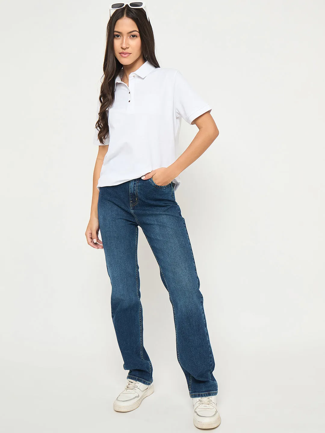 Madame Cotton Blend Solid White Polo T-shirt Holiday Style Stretchy Fit