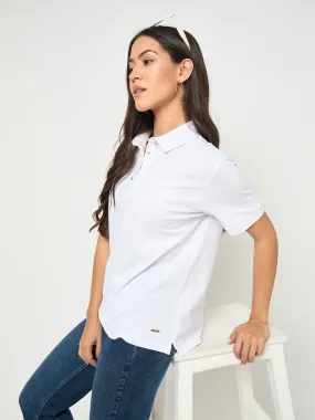 Fashion-Ready Madame Cotton Blend Solid White Polo T-shirt