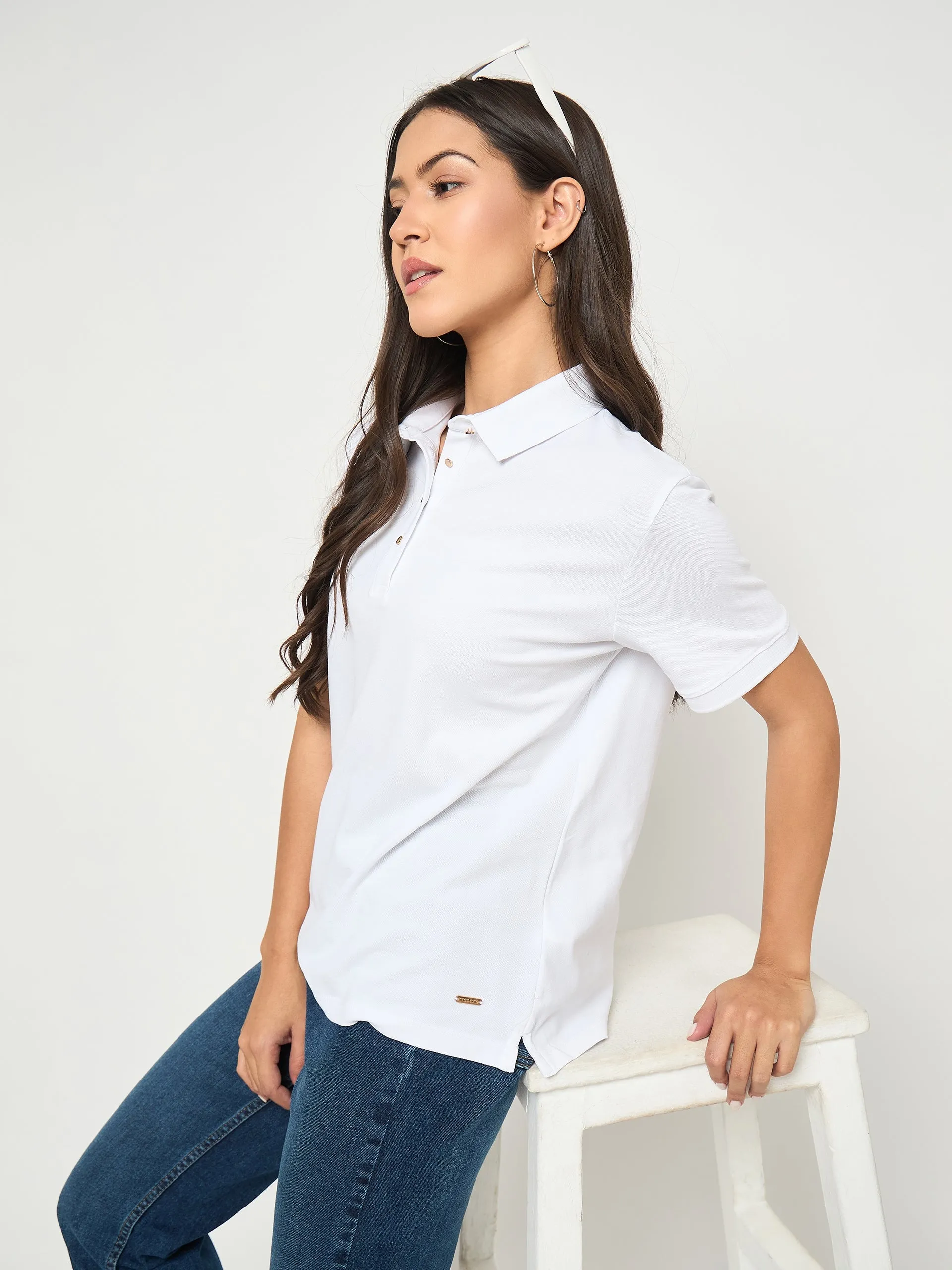 Fashion-Ready Madame Cotton Blend Solid White Polo T-shirt