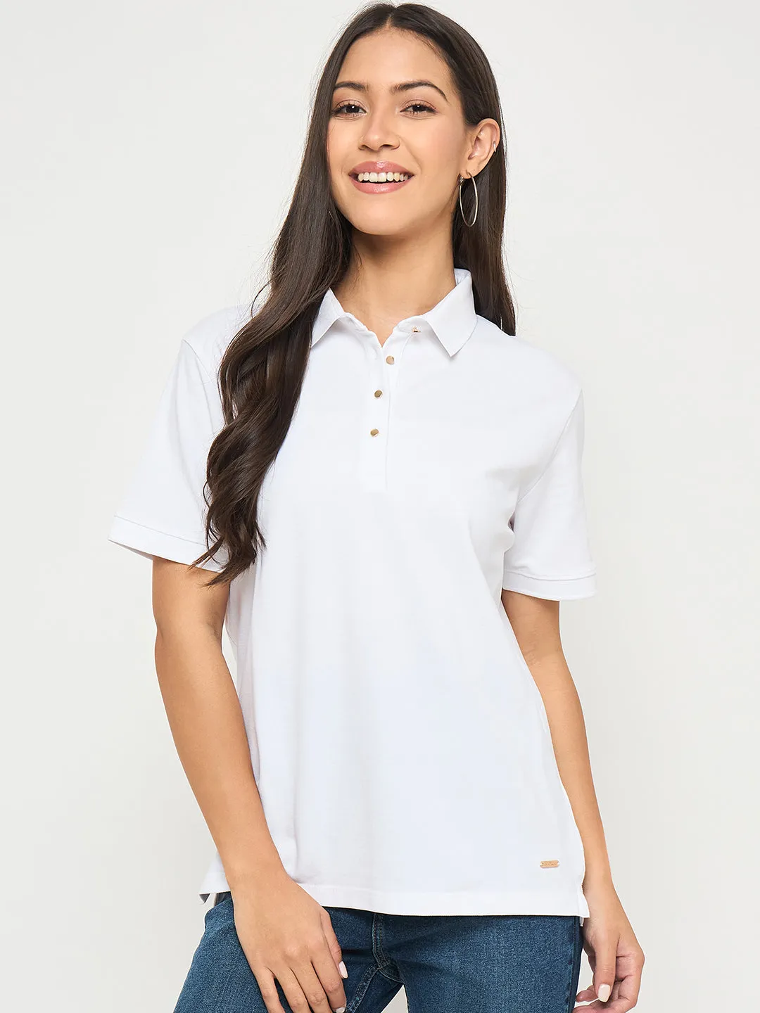 Madame Cotton Blend Solid White Polo T-shirt Versatile Style Trend Pocket Design