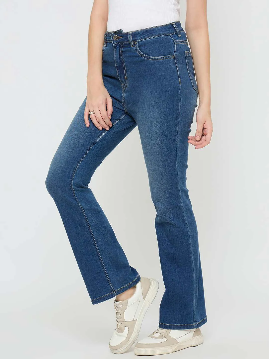 Madame Cotton Blend Stone Wash Mid Blue Flared Jeans Comfy Design Style Family Style Elegant