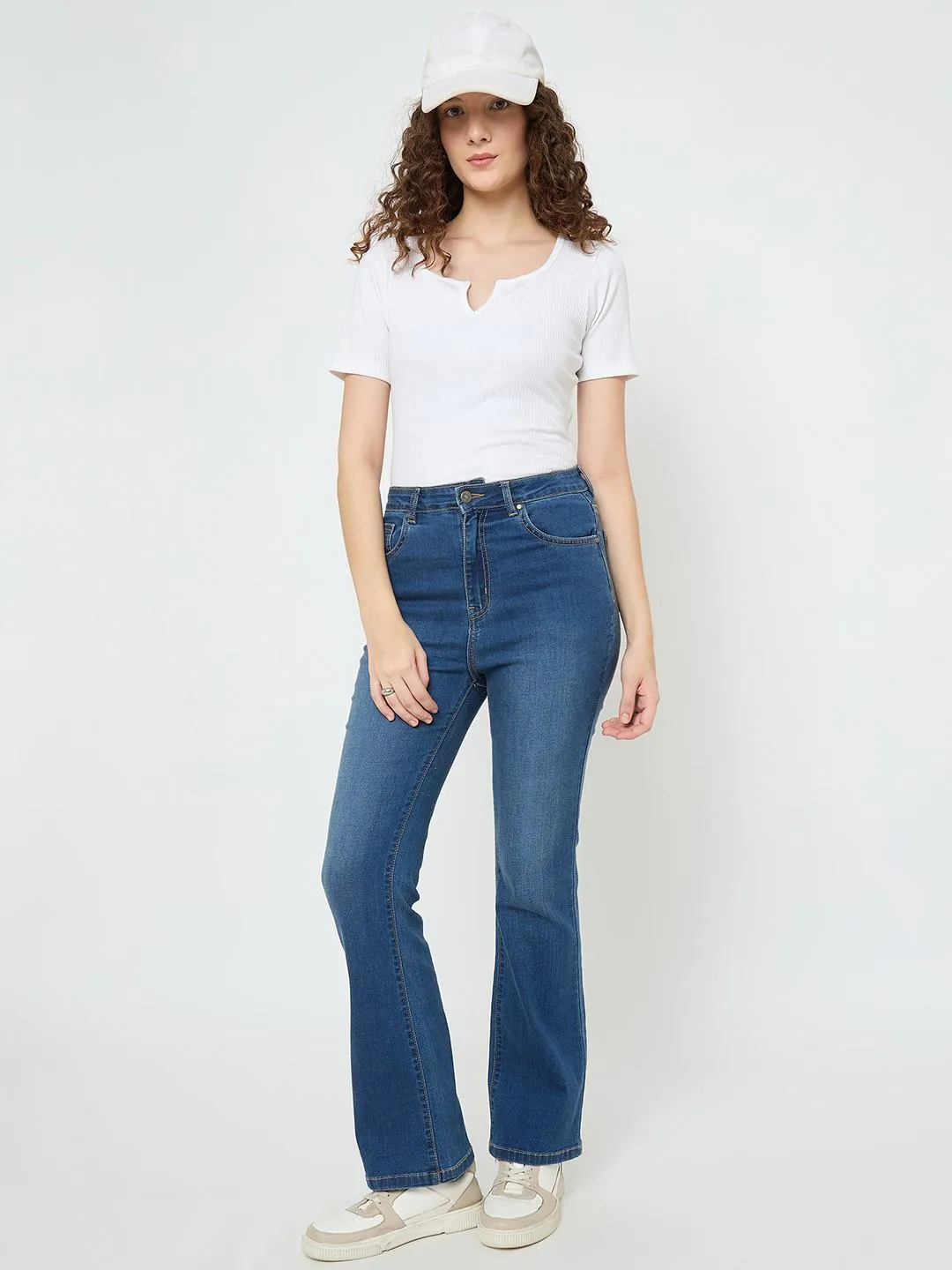 Madame Cotton Blend Stone Wash Mid Blue Flared Jeans Everyday Confidence
