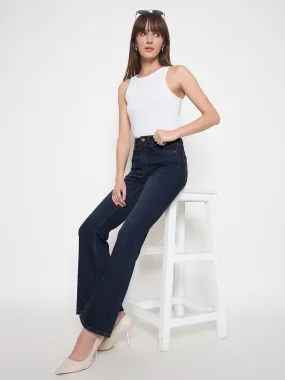 Madame Cotton Blend Stone Wash Mid Night Blue Flared Denim Jeans Modern Outfit
