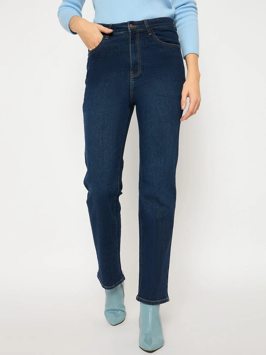 Basic Necessity Double Layered Knees Madame Cotton Blend Stone Wash Straight Fit Dark Blue Denim Jeans