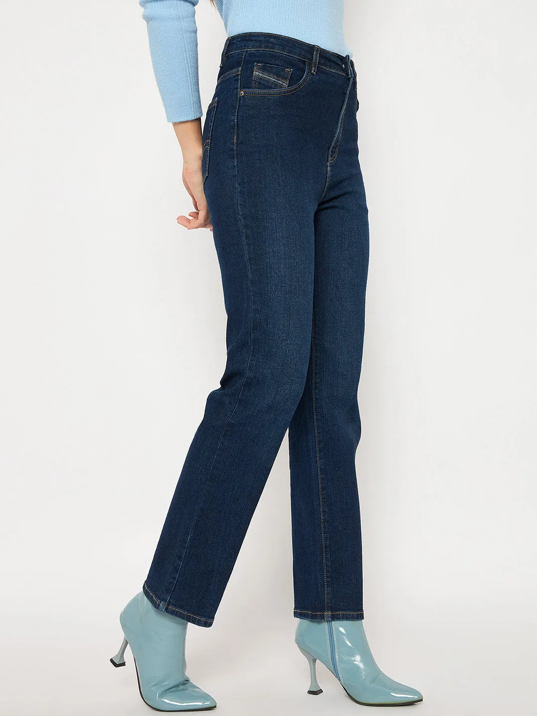 Office Casual Gym Ready Vibrant Bold Madame Cotton Blend Stone Wash Straight Fit Dark Blue Denim Jeans