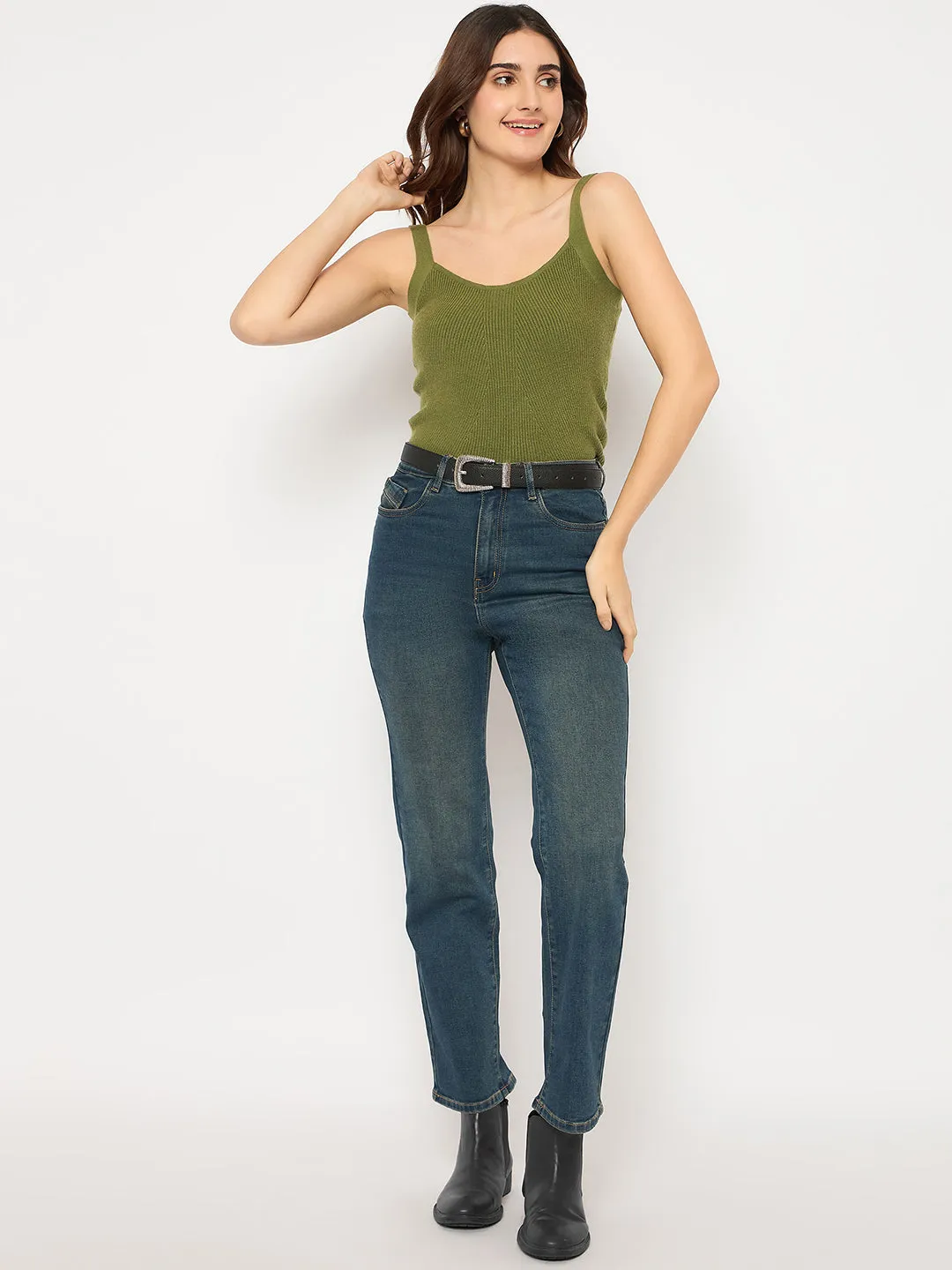 Madame Cotton Blend Stone Wash Straight Fit Tinted Blue Denim Jeans Abrasion Resistant Fabric Comfy Wear