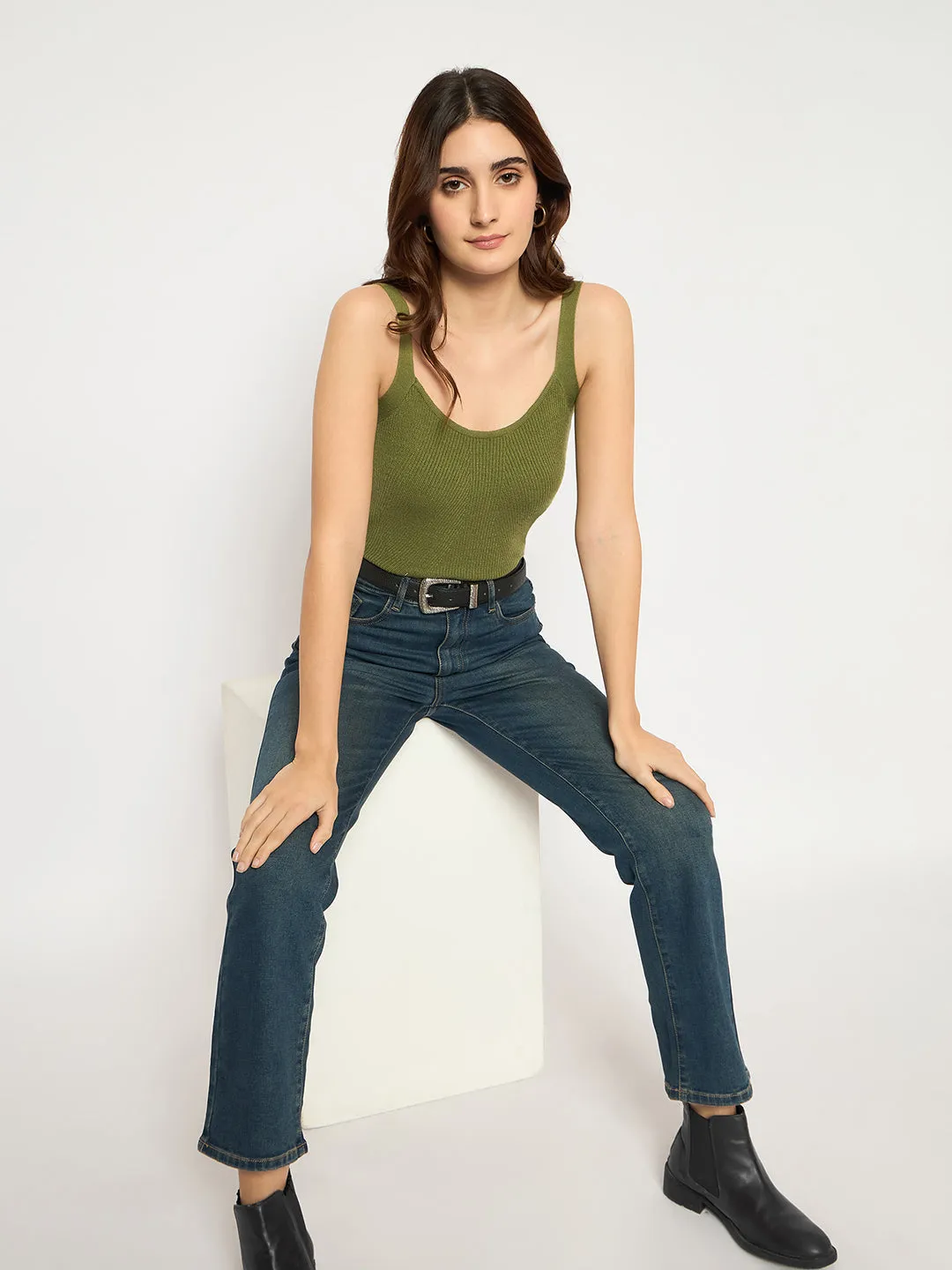 Softened Lining elastic waistband Madame Cotton Blend Stone Wash Straight Fit Tinted Blue Denim Jeans