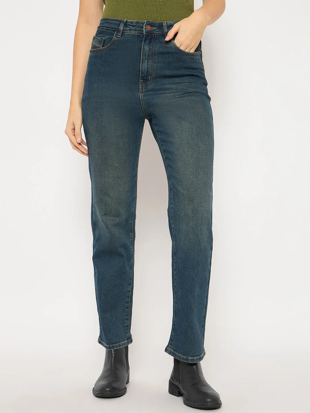 Madame Cotton Blend Stone Wash Straight Fit Tinted Blue Denim Jeans Weekend Vibes Regular Style