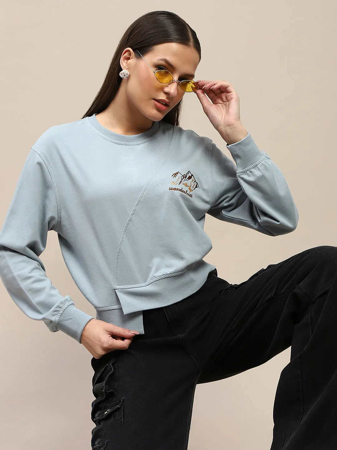 Madame Cotton Embroidery Detailed Light Sky Crop Sweatshirt Unique selling points