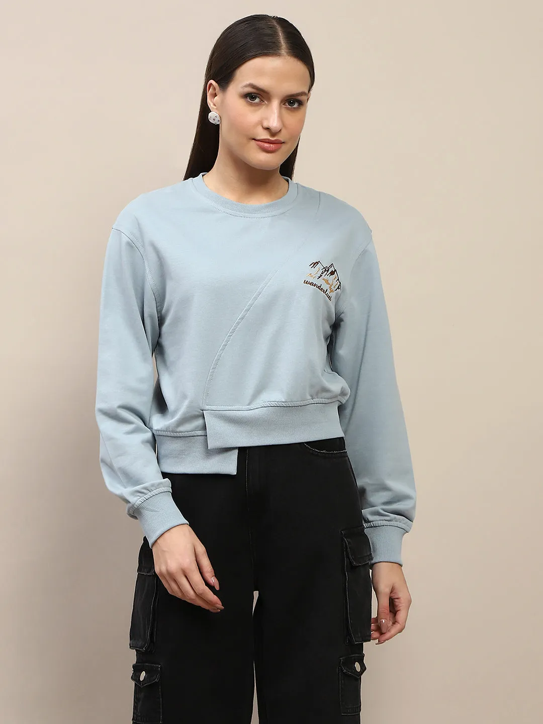 Madame Cotton Embroidery Detailed Light Sky Crop Sweatshirt Essential Fit