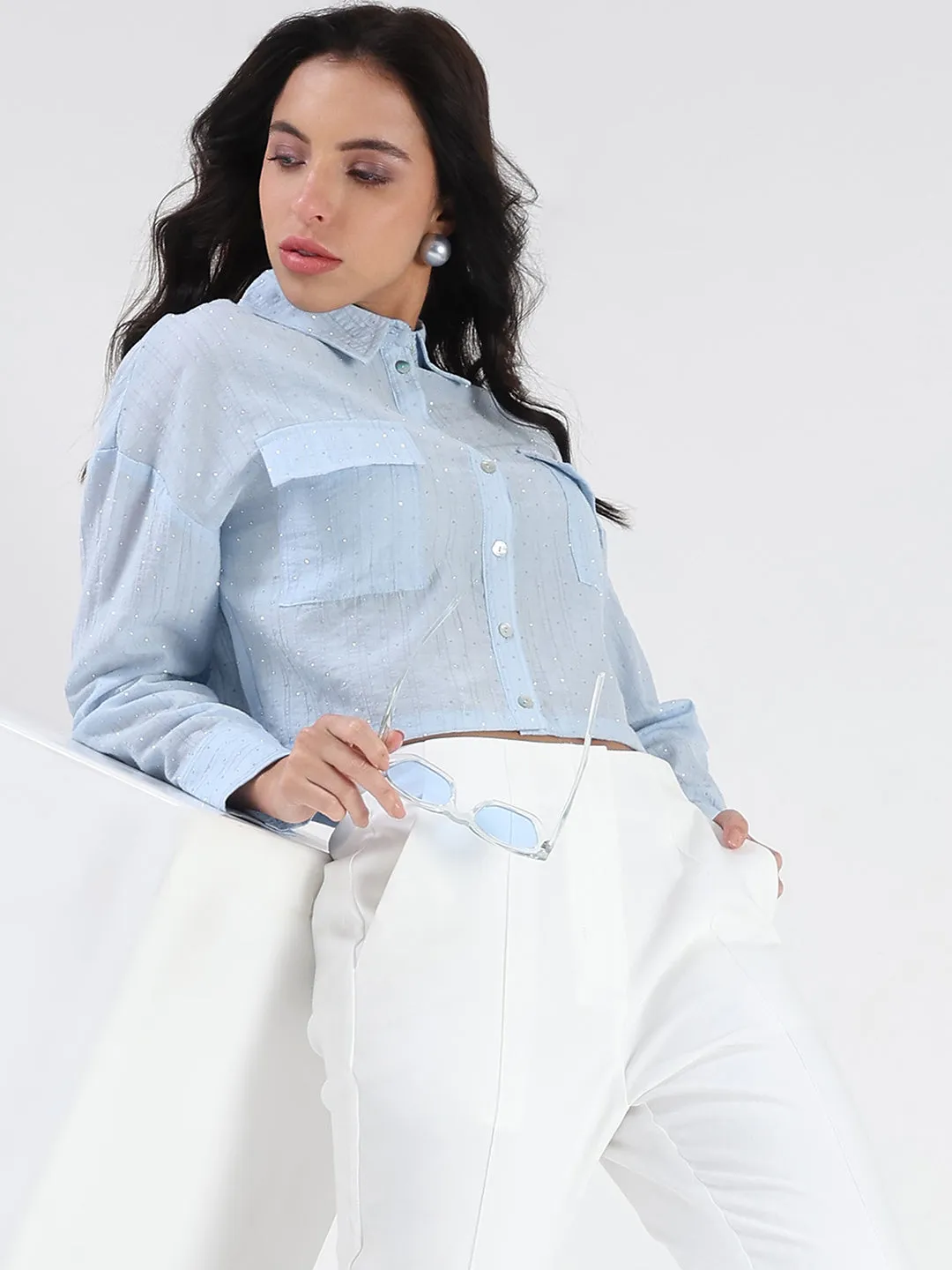 Madame D-Ring Straps Shimmer Detail Ice Blue Shirt Outdoor Adventure High-End Look