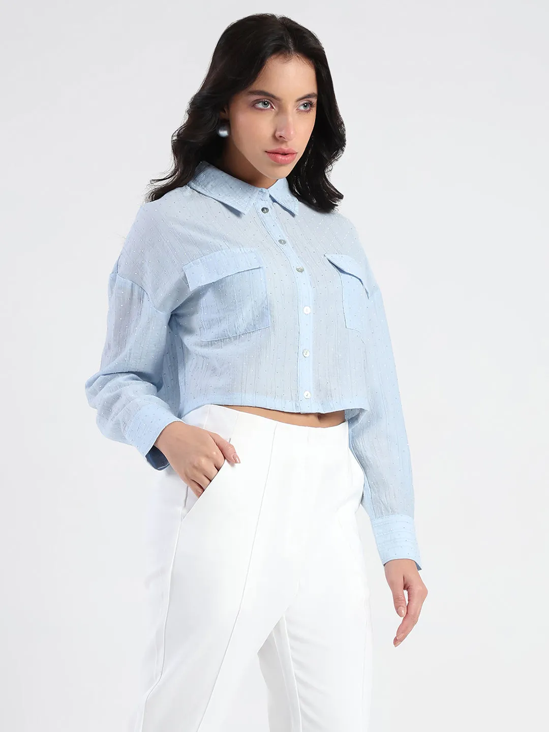 Winter Fashion Local Favorite Madame D-Ring Straps Shimmer Detail Ice Blue Shirt
