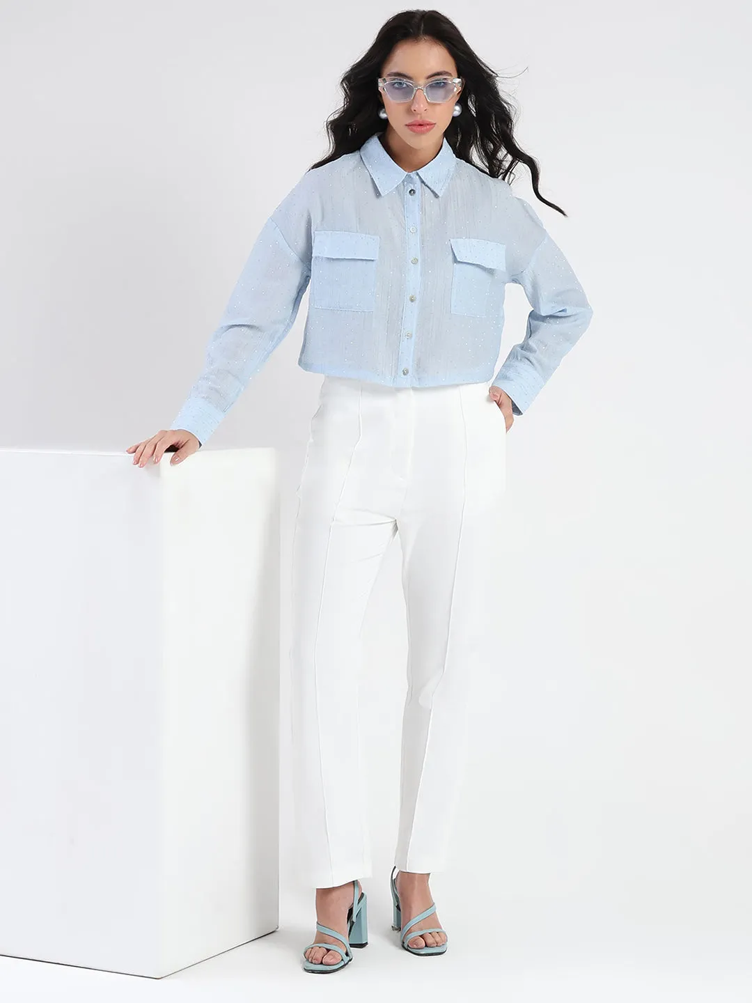 crew neck Breathable Fit Madame D-Ring Straps Shimmer Detail Ice Blue Shirt