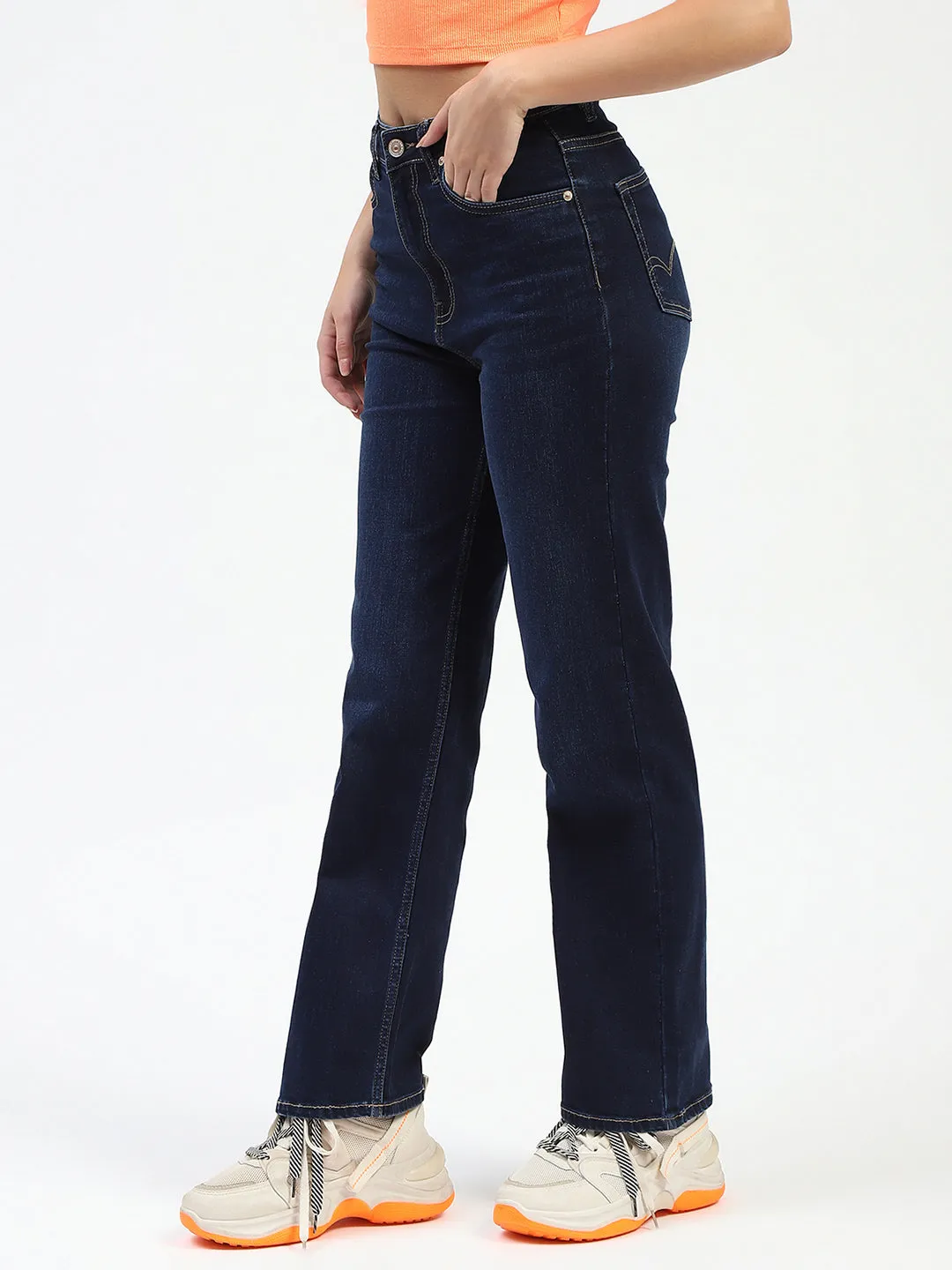Madame Dark Blue Straight Fit Denim Jeans Couple Look Office Wear No Iron Wear