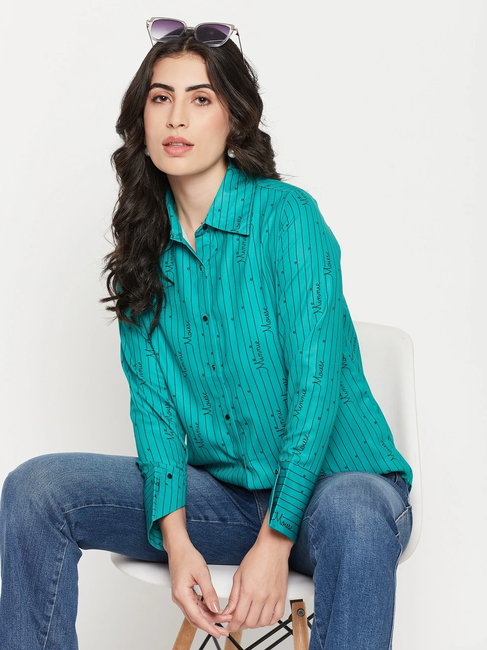 Madame Disney Printed Green Shirt Floral Motif Shimmer Effect