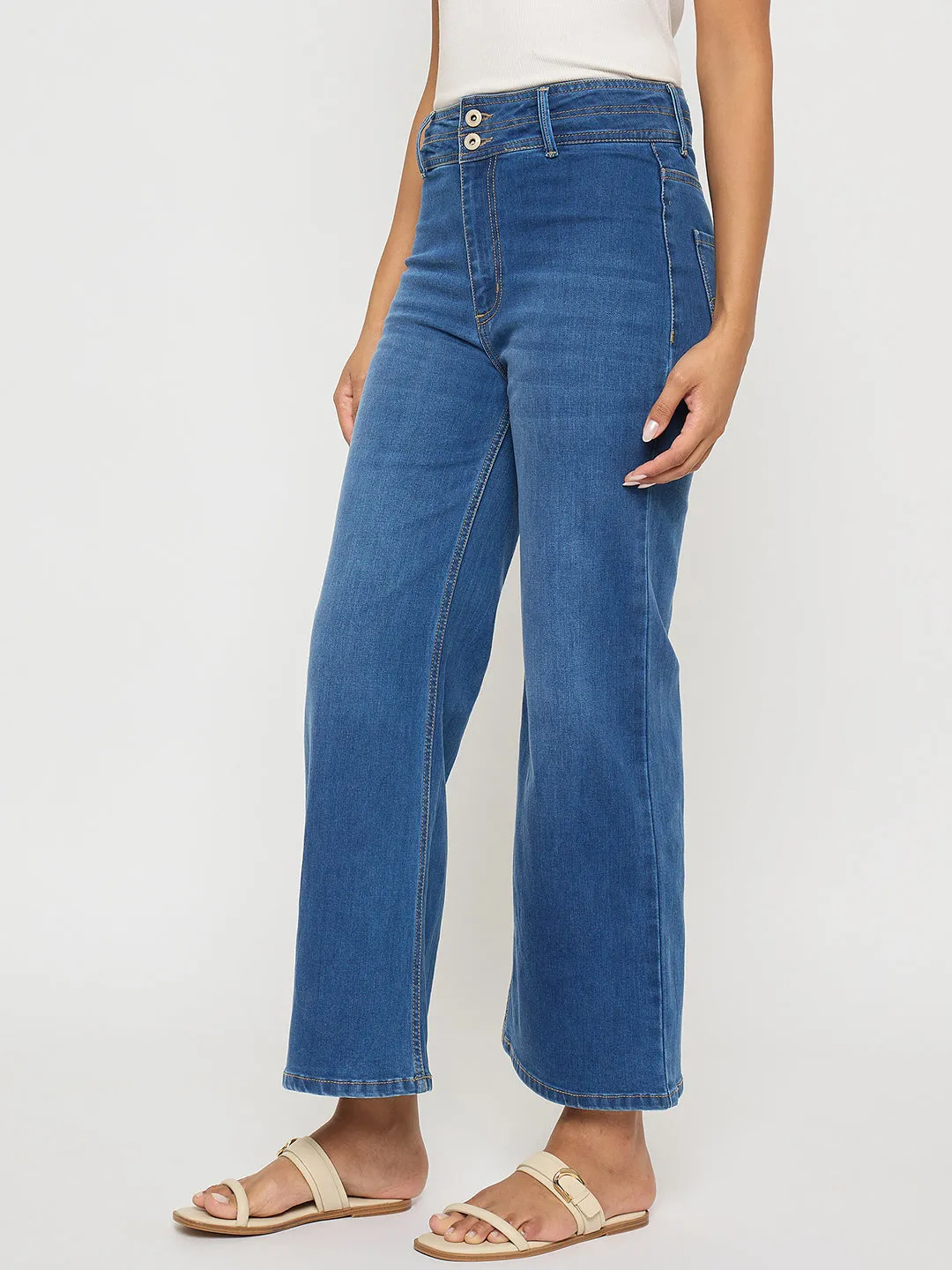 Madame Double Waisted Whiskered Wide Leg Mid Blue Jeans Everyday Use High Rise