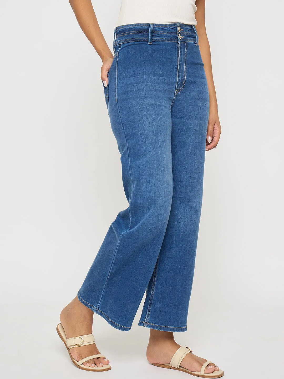 Casual Solution Classic Style Madame Double Waisted Whiskered Wide Leg Mid Blue Jeans