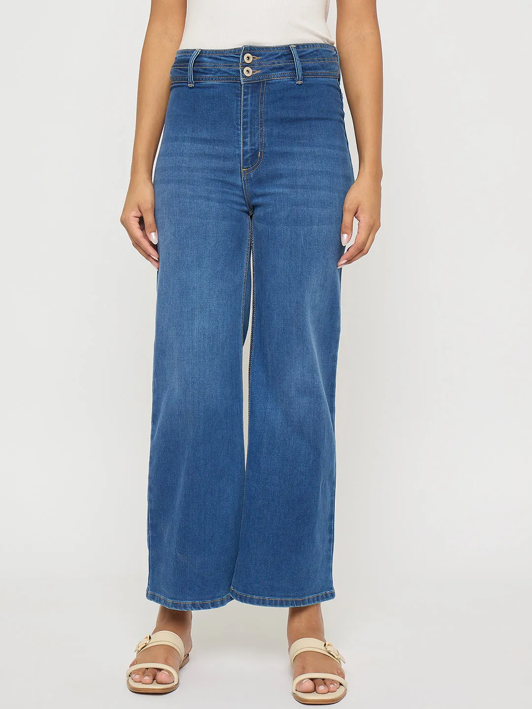Madame Double Waisted Whiskered Wide Leg Mid Blue Jeans Subtle Palette Active Ready