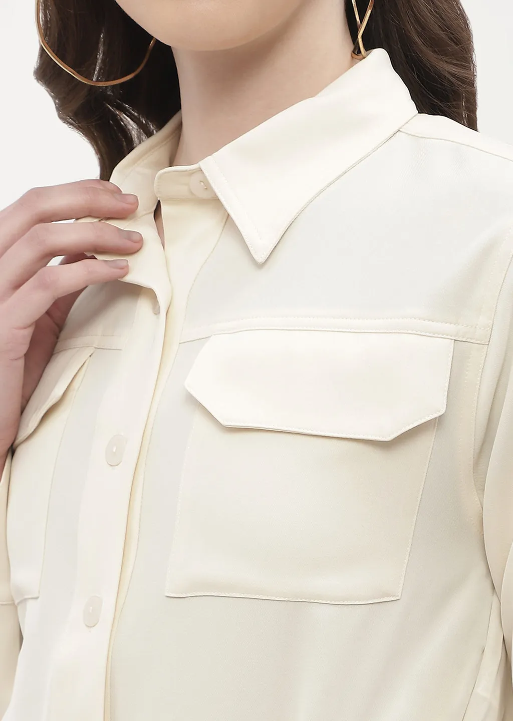 Lakeside Relaxation Oversized Fit Madame Drawstring Waist Beige Flap Pocket Crop Shirt