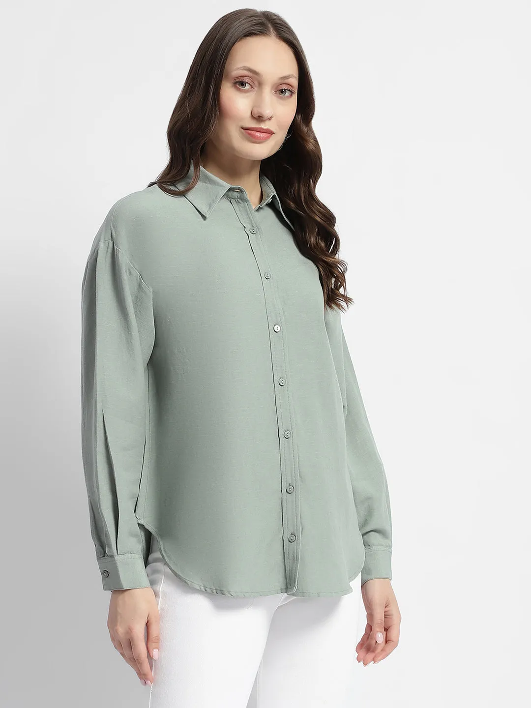 Stretch Material Madame Dusty Green Regular Full Sleeve Shirt