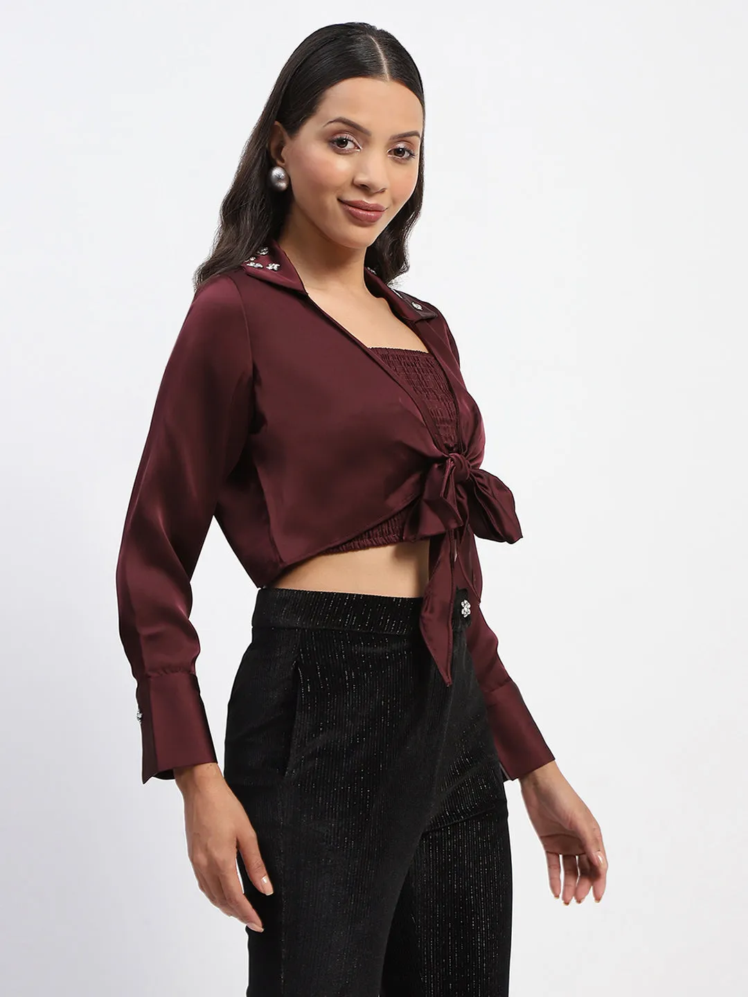 Madame Embellished Collar Front Knot Two Piece Maroon Crop Shirt Cozy Option Layering Piece