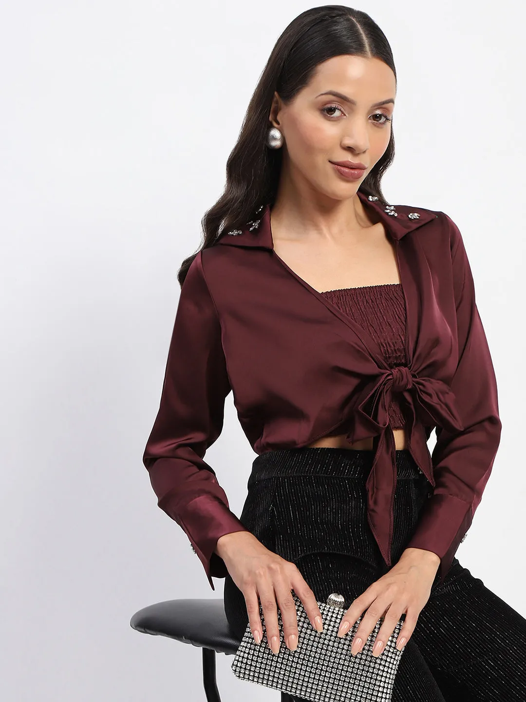 Smooth Texture Essential Piece Madame Embellished Collar Front Knot Two Piece Maroon Crop Shirt