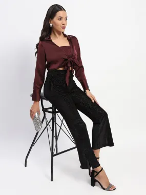 Versatile Look Madame Embellished Collar Front Knot Two Piece Maroon Crop Shirt