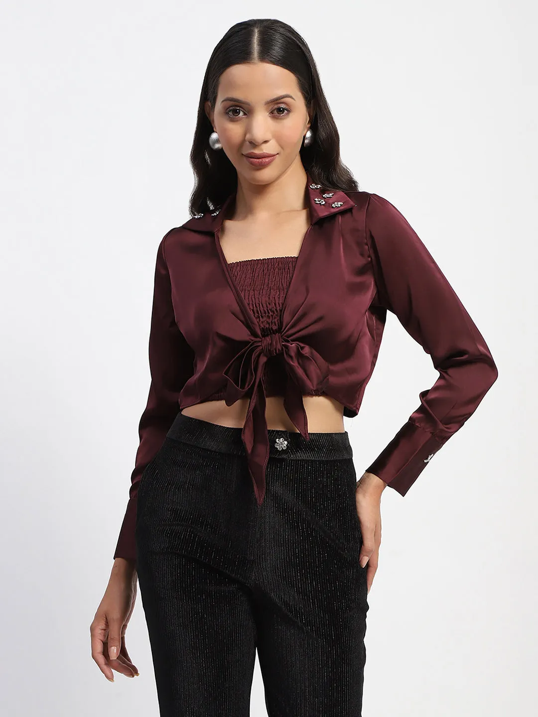 Madame Embellished Collar Front Knot Two Piece Maroon Crop Shirt Eco Friendly Material