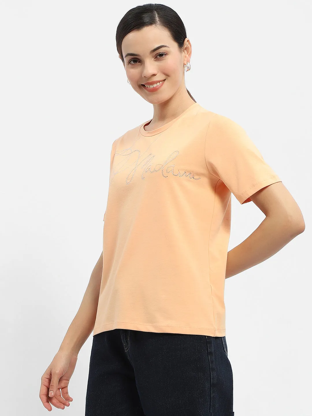 Madame Embellished Typography Peach Regular T-Shirt Stylish and Comfortable