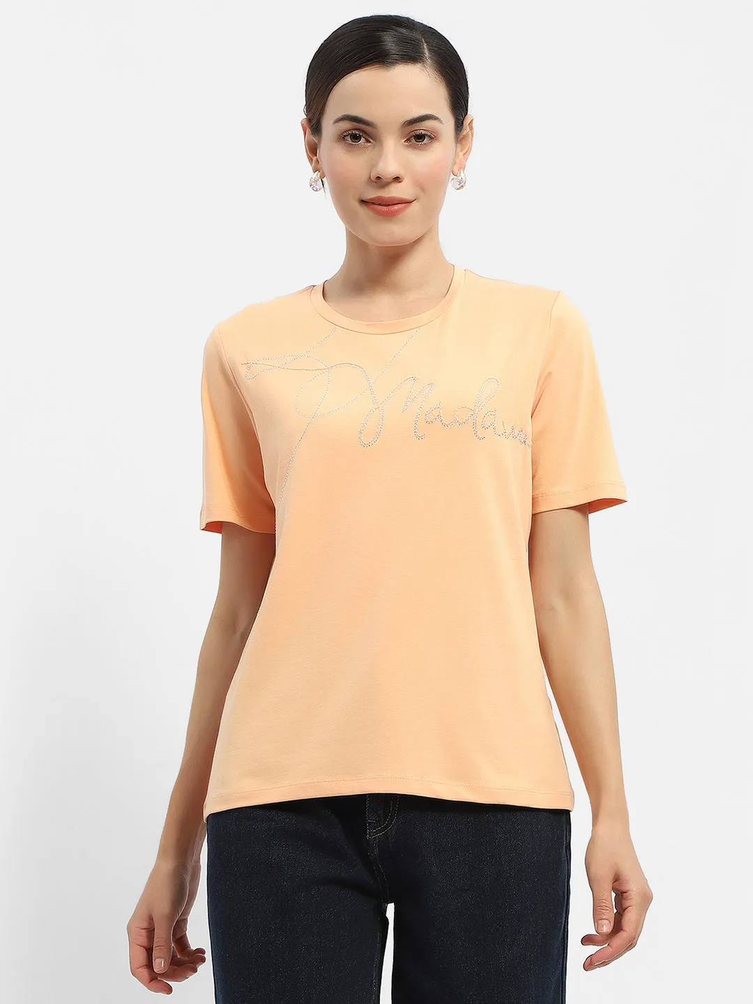 Madame Embellished Typography Peach Regular T-Shirt Anti Odor Technology All-Weather Wear