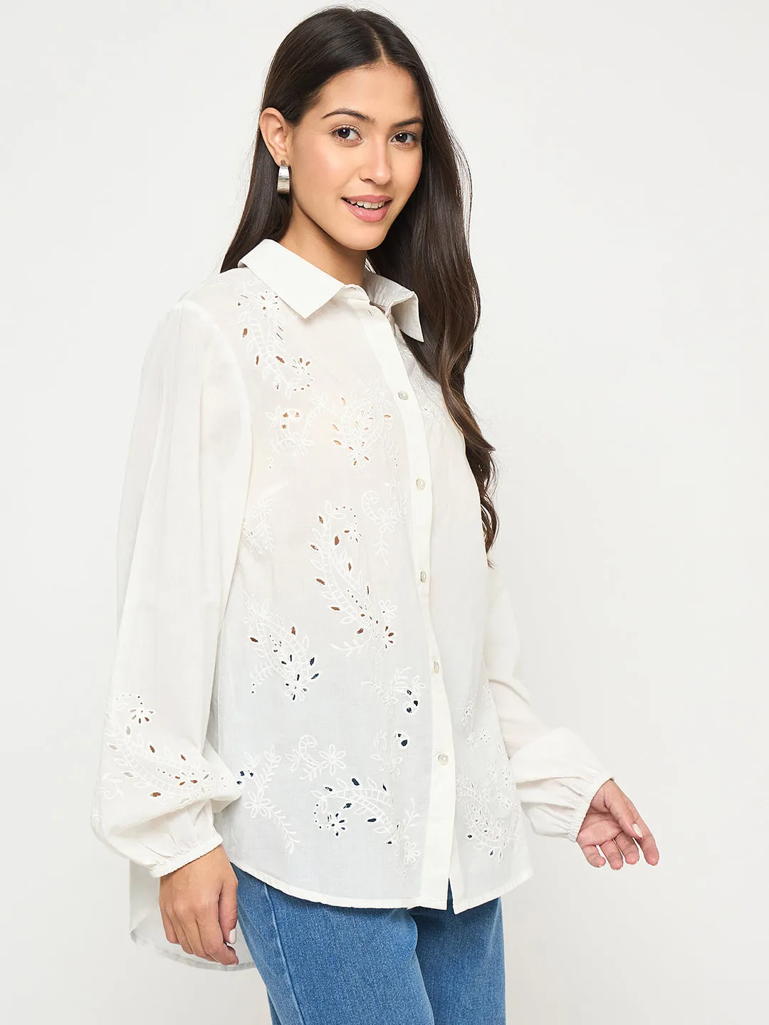 Active Design Madame Embroidered and Ruffle Trim Detailed White Cotton Shirt