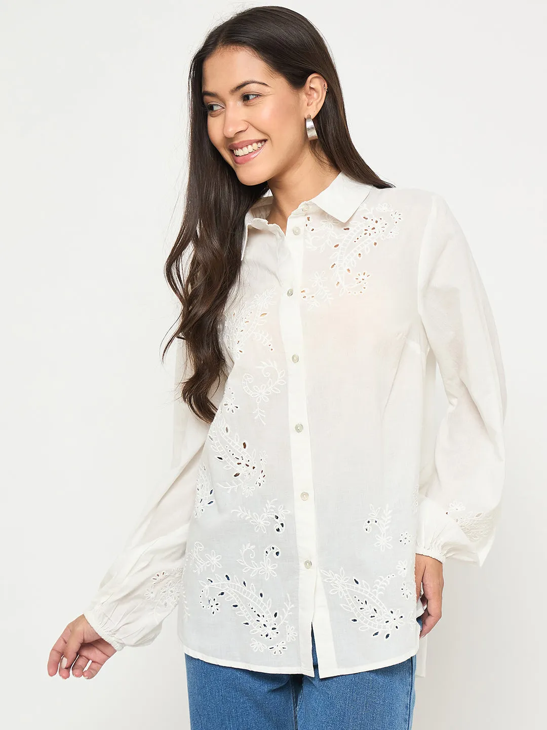 Madame Embroidered and Ruffle Trim Detailed White Cotton Shirt Multipocket Style Street Chic