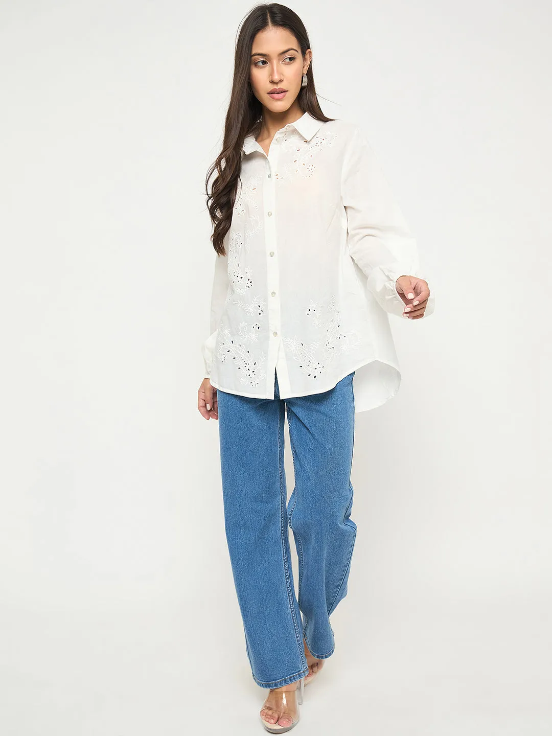 Madame Embroidered and Ruffle Trim Detailed White Cotton Shirt Waffle Weave