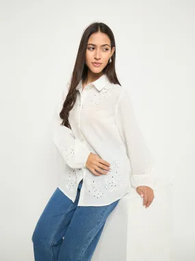 Graphic Art Madame Embroidered and Ruffle Trim Detailed White Cotton Shirt
