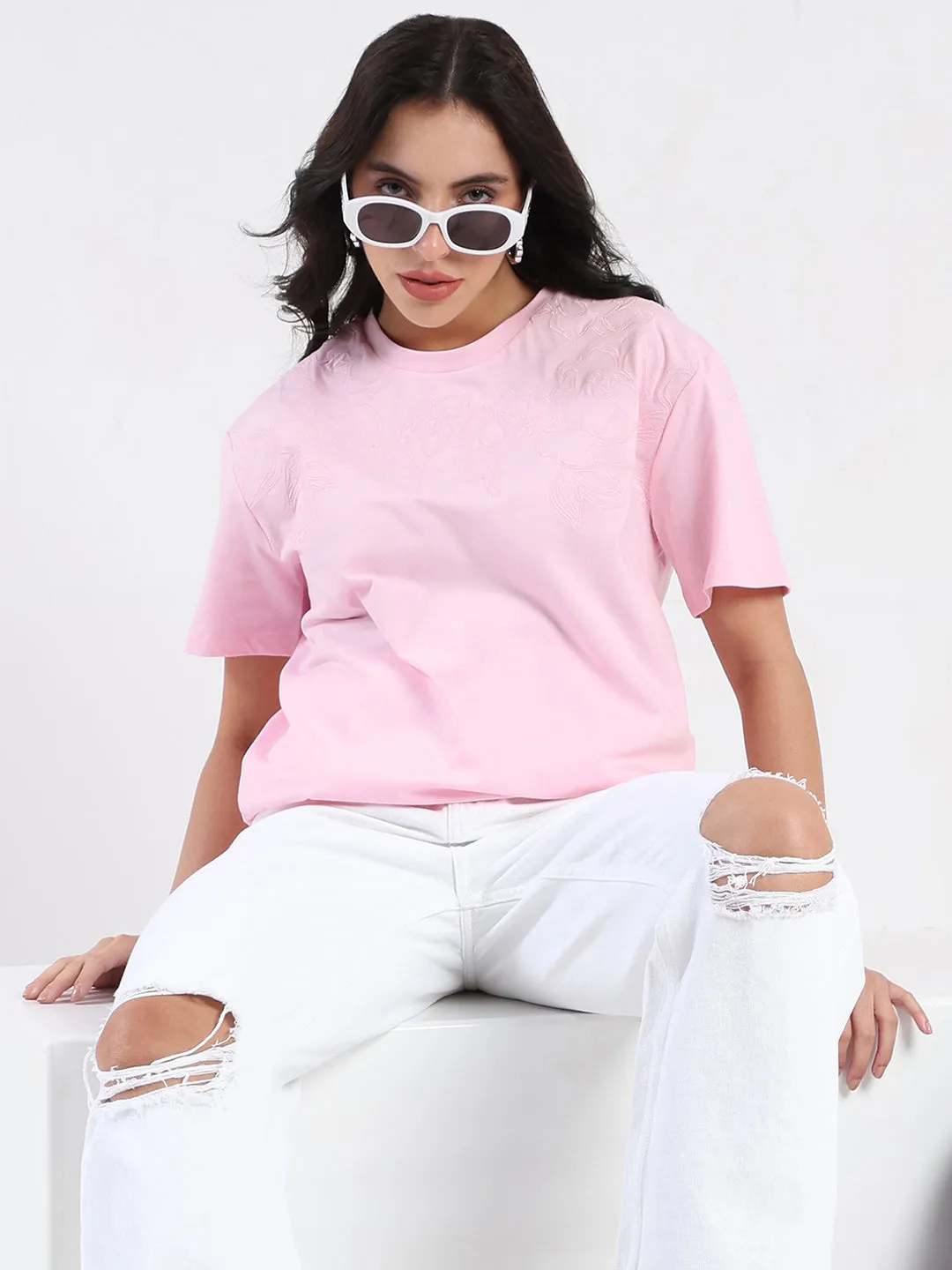 Light Fit Comfortable and stylish Madame Embroidered Half Sleeve Pink Cotton T-shirt