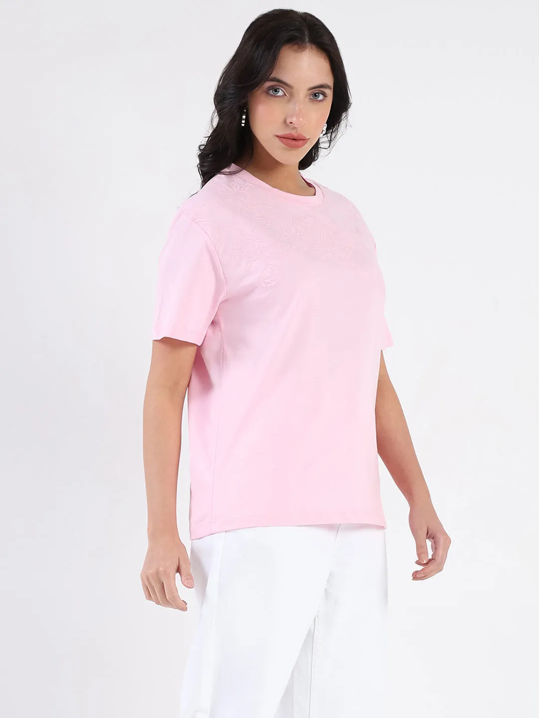 No Shrink Fabric Tagless Comfort Madame Embroidered Half Sleeve Pink Cotton T-shirt