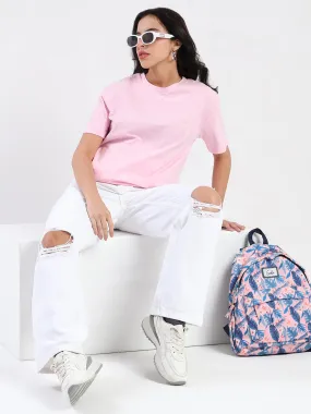 Madame Embroidered Half Sleeve Pink Cotton T-shirt Comfort Stretch Fit Fun and Relaxed