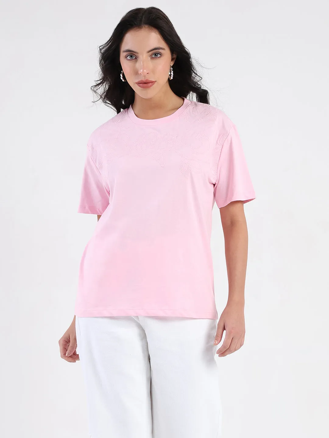Casual Comfort Look light layering Madame Embroidered Half Sleeve Pink Cotton T-shirt