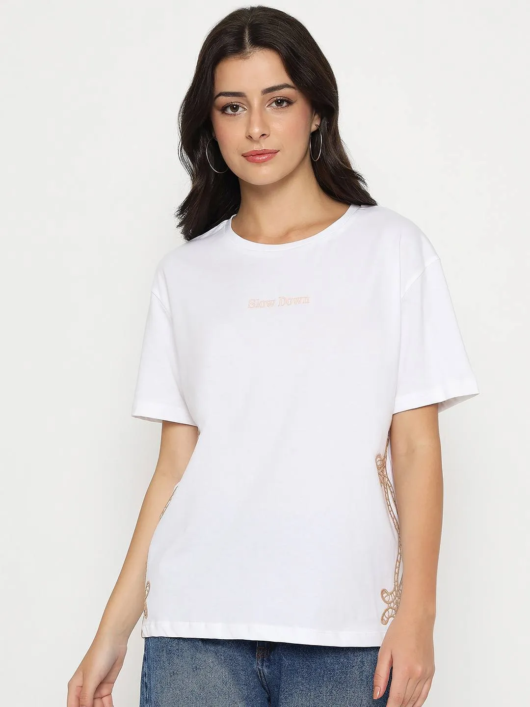 Low Impact Processing Madame Embroidered Half Sleeve White Cotton T-shirt