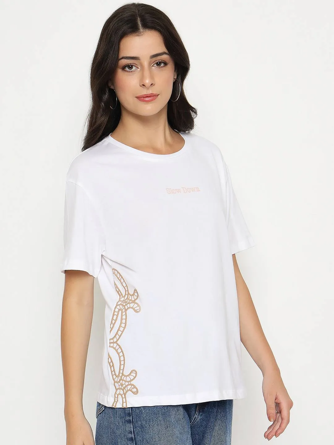 Madame Embroidered Half Sleeve White Cotton T-shirt Durable Knit Structure Quality Comfort
