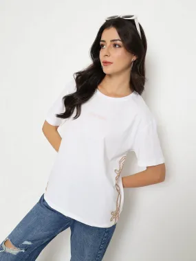 Madame Embroidered Half Sleeve White Cotton T-shirt Self Fabric Tape Casual Essential Wear