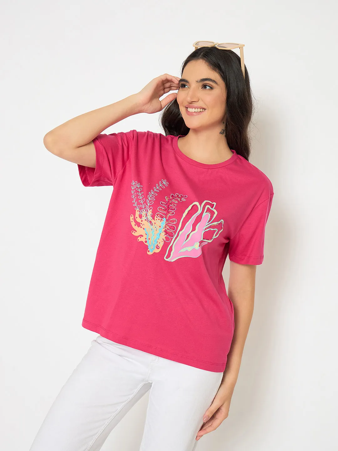 Madame Embroidered Hot Pink Cotton T-shirt Micro Perforation Long Lasting Color