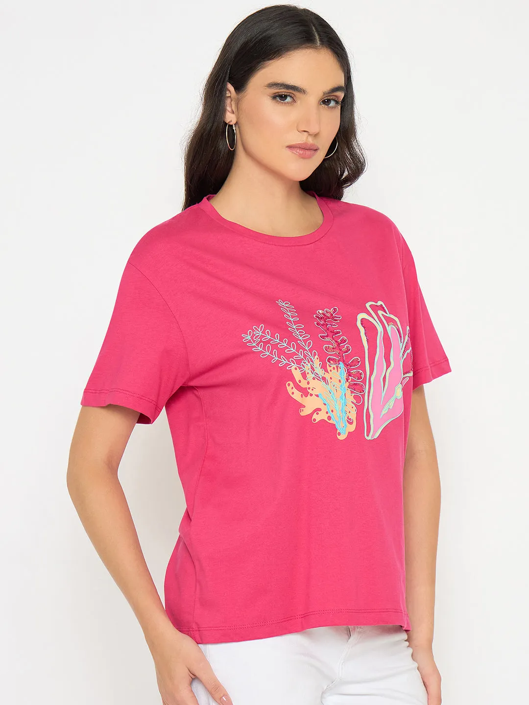 Madame Embroidered Hot Pink Cotton T-shirt Perfectly Fit