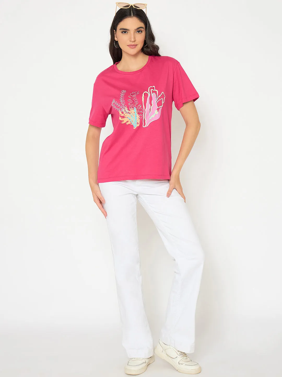 Madame Embroidered Hot Pink Cotton T-shirt Reinforced Shoulder