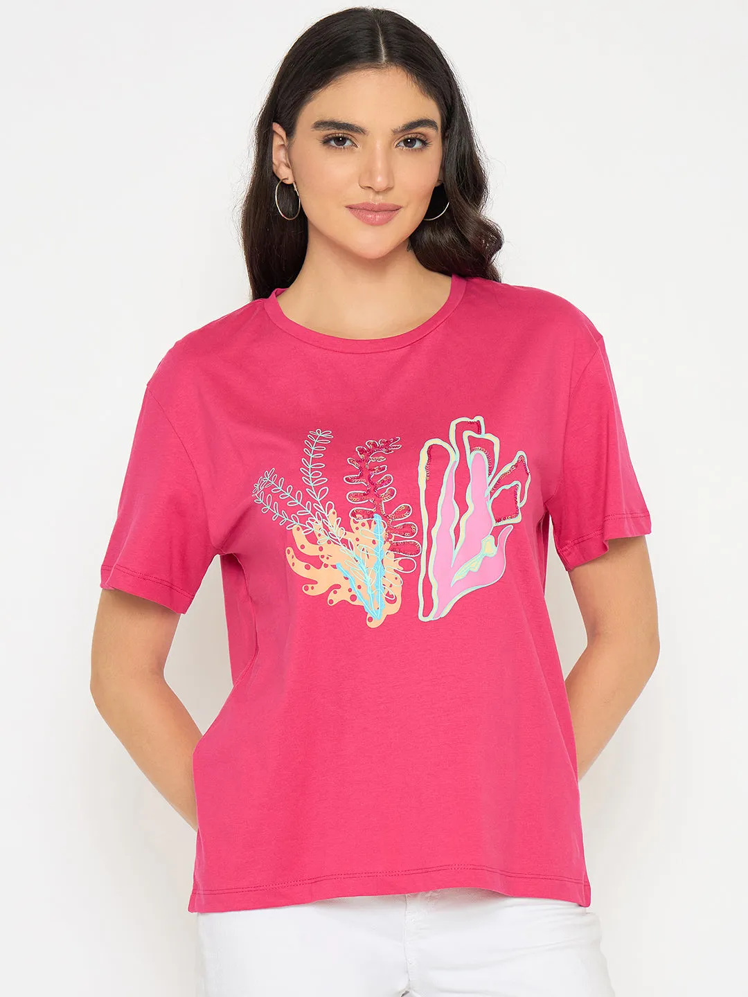 Madame Embroidered Hot Pink Cotton T-shirt Zero Waste Production Active Lifestyle