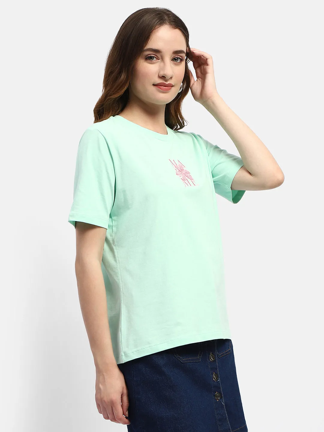 Madame Embroidered Mint Green Regular T-Shirt Double Stitched Seams